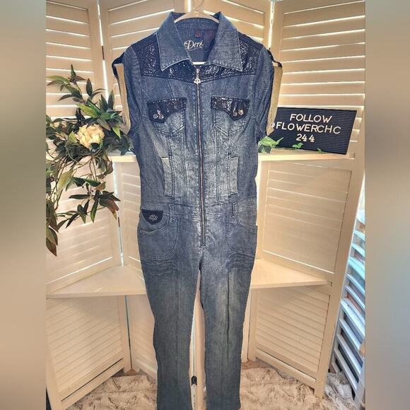 DEREON BEYONCE DENIUM ZIP UP JUMPSUIT SIZE LARGE - Picture 2 of 10